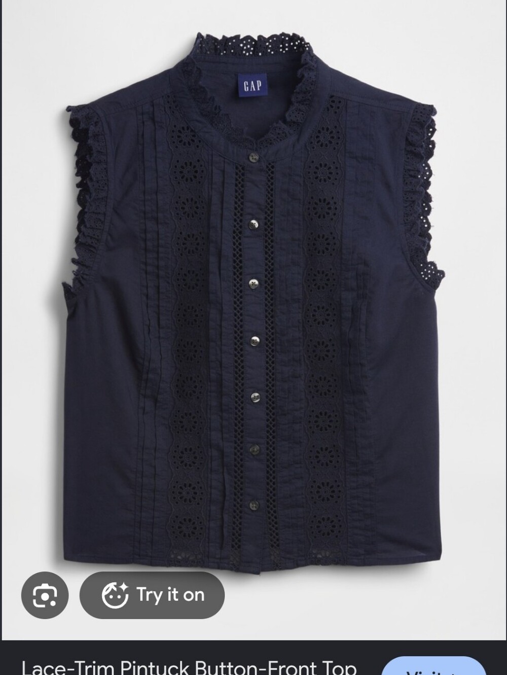 GAP Navy Lace-Trim Pintuck Button-Front Sleeveless Top